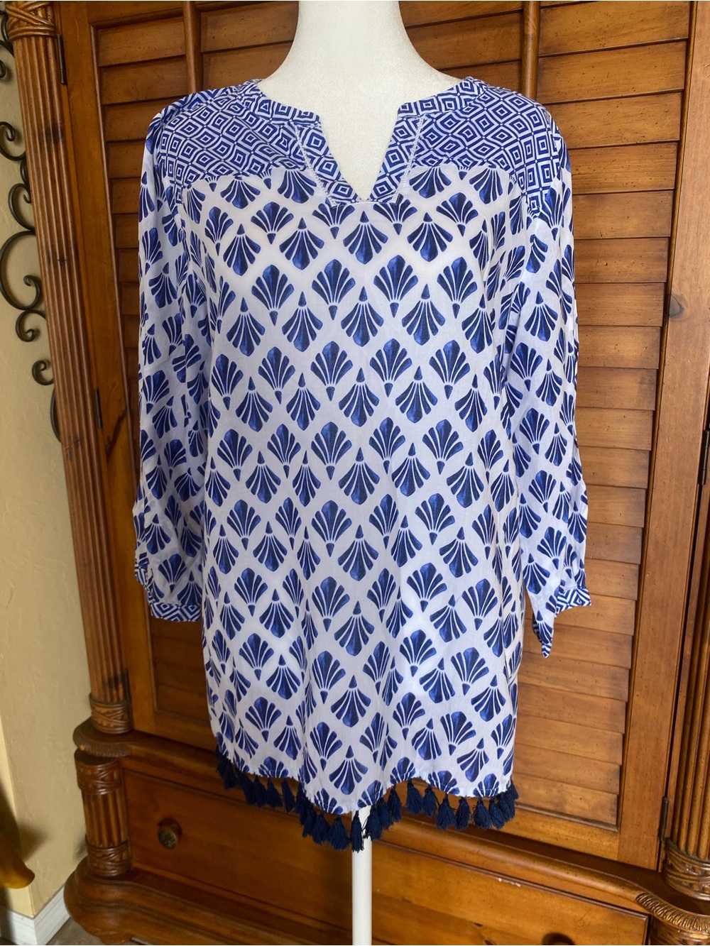 Talbots Blue and White Printed Tassel Tunic